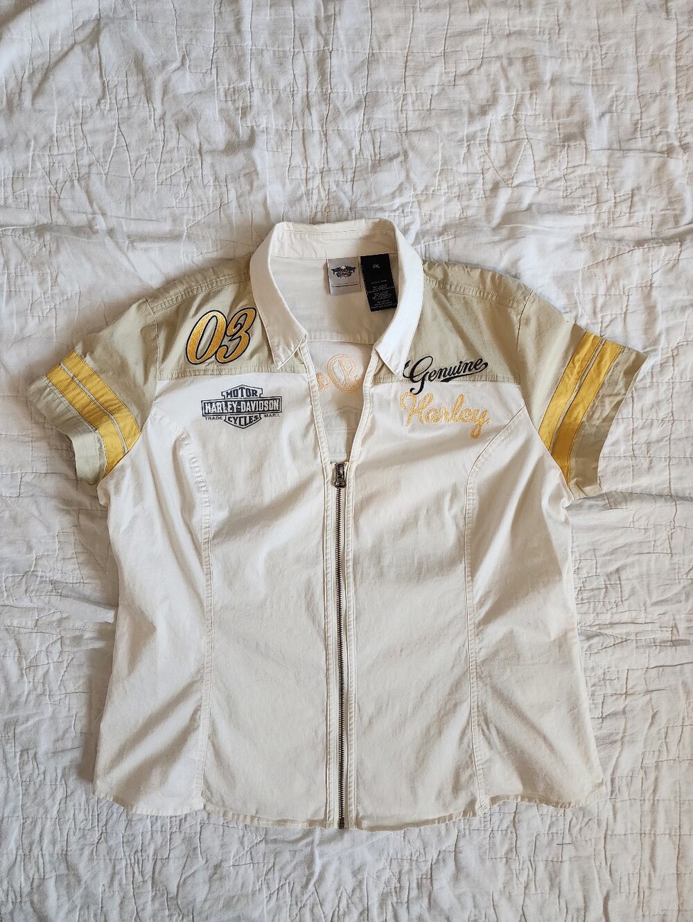 Harley Davidson Shirt Womens Size2XL White Beige Full Zip V-Neck 03 Garage Biker
